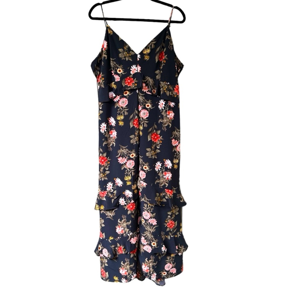 Gibson Latimer Dress Womens Sz L Black Red Witchy Floral Midi Ruffle Tiered GUC